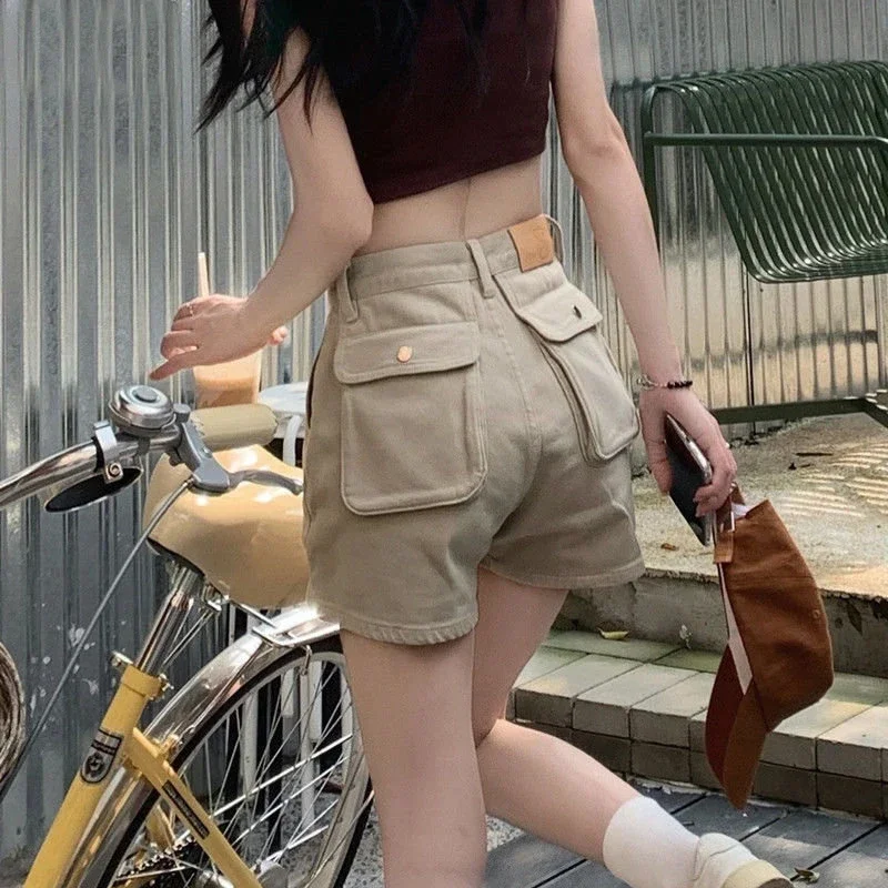 Cargo Denim Shorts Women Streetwear High Waist Slim Jeans Shorts Summer Vintage Khaki Pockets Casual All Match Short Pants
