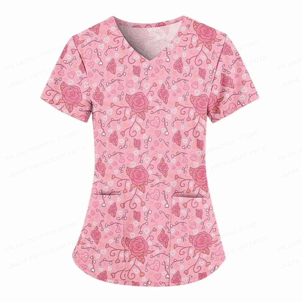 Love Heart Nurse Uniform Valentines Day V-Neck Pocket Medical Uniforms Letter Nursing Scrubs Tops Workear Uniforme enfermera