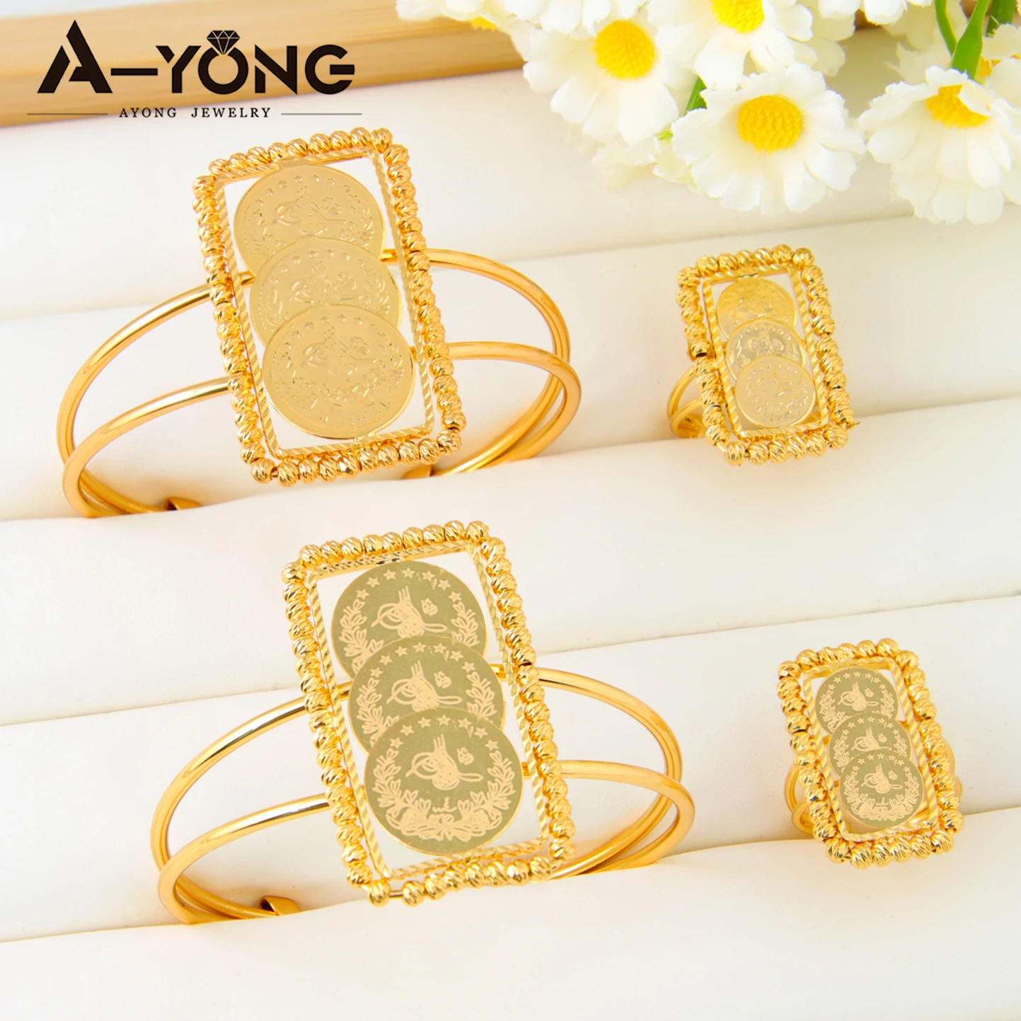 Islamische Goldfarbe Manschette Armband 21 Karat Kupfer vergoldet türkische arabische Münzen Armreifen Ring verstellbare Frauen Party Vintage Schmuck – Detail 1