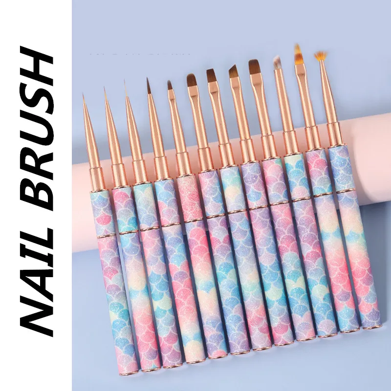 12 Style Mermaid Honeycomb Handle Nail Art Acrylic UV Gel Extension Brush Flower Design Drawing Painting Pen Manicure Set 6