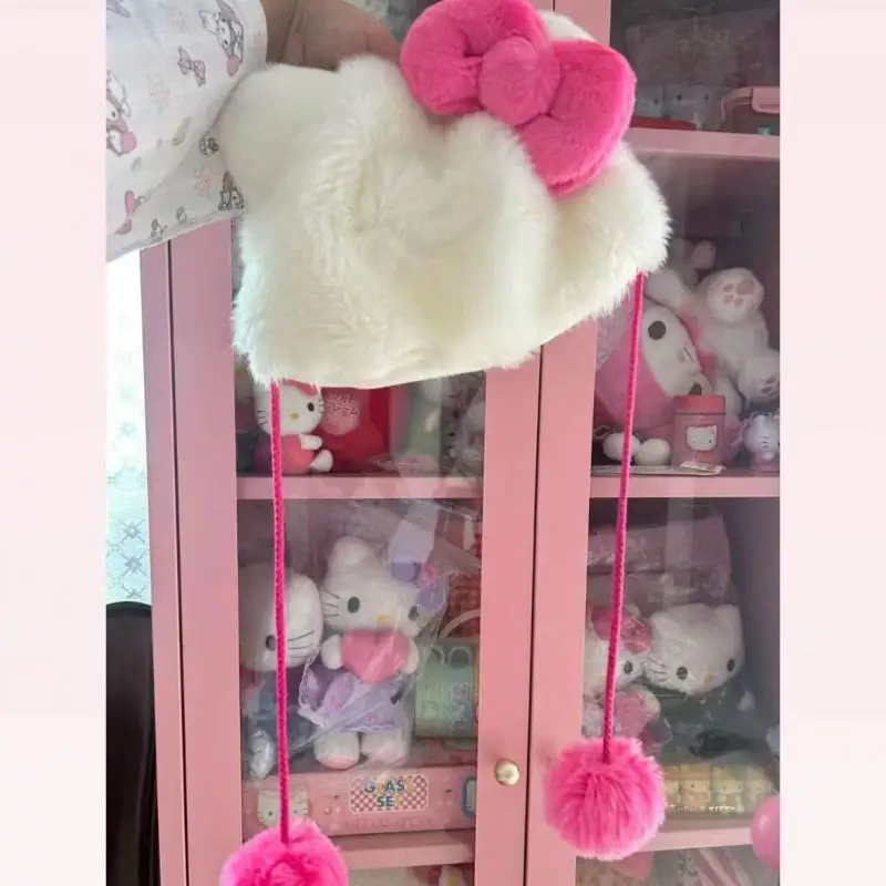 

New Kawaii Cute Sanrio Hellokitty Plush Cat Horn Hat Bow Hair Ball Cap Winter Warm Sweet Cute Girl Christmas Gift For Girlfriend