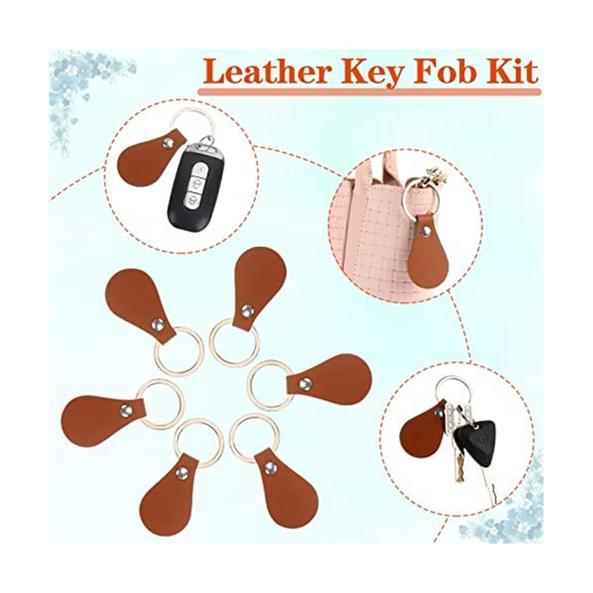 50Pcs DIY Leather Keychains Brown Blank Key Fob Rivets Keychain for Car Key Home Door Small Decoration Homemade Gift
