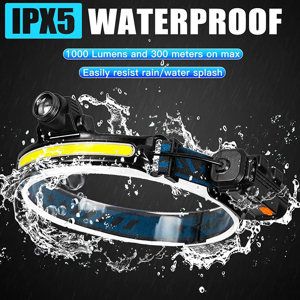 Induction Headlamp XPG+COB LED Head Lamp with Built-in Battery Flashlight Multi-function USB Rechargeable 6 Modes Head Torch
