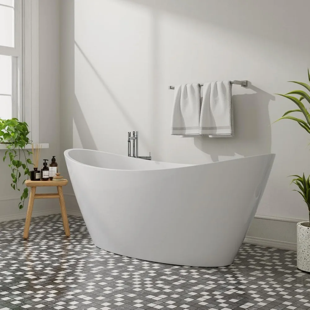 67" Acrylic Freestanding Tub Contemporary Soaking Tub, with Matte Overflow and Drain, White Acrylic Stand Alone Tub 5