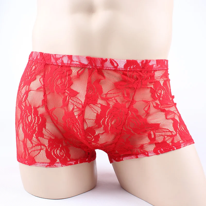 

Yezimei Lace transparent men's underwear red ultra-thin perspective shorts sexy U-convex breathable boxer pants