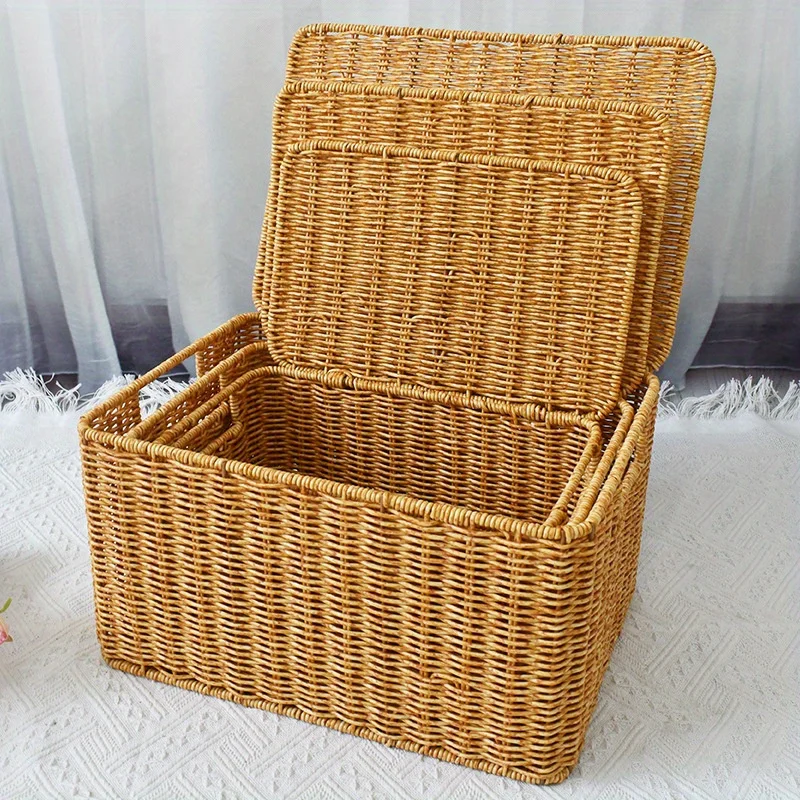 Rural Woven Storage Basket with Lid - Stylish and Durable Wardrobe Organizer - Suitable for Bathroom, Bedroom, Kitchen, and Home
