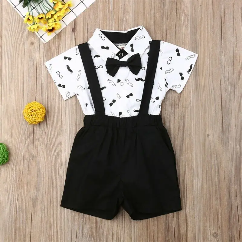 

Baby Boys Two-Pieces Suits Formal Children Fantasy Boy Child Suit Bow Dress Shirts Bodysuit+Overall Wedding Wear Summer Clothing