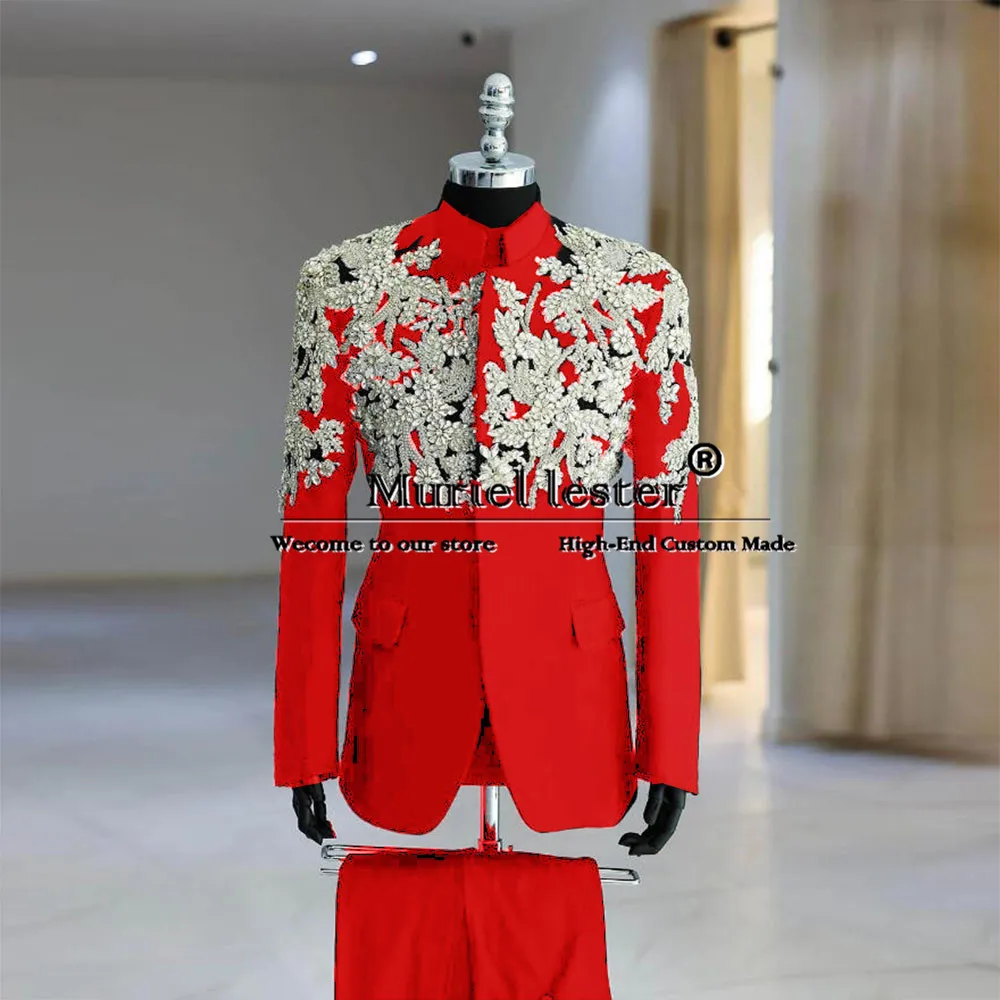 Man Stanad Collar Suits Sparkly Crystals Beaded Appliques Wedding Groom Tuxedo Custom Made Male Fashion Clothing Prom Blazer 2