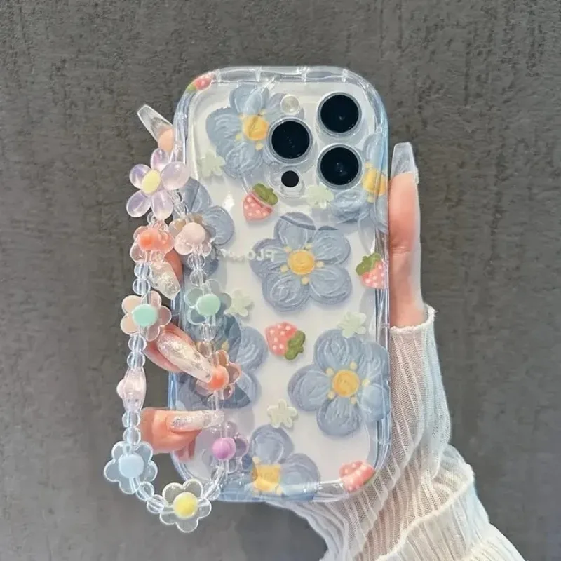 Strawberry Flower Clear Phone Case with Lanyard Cover