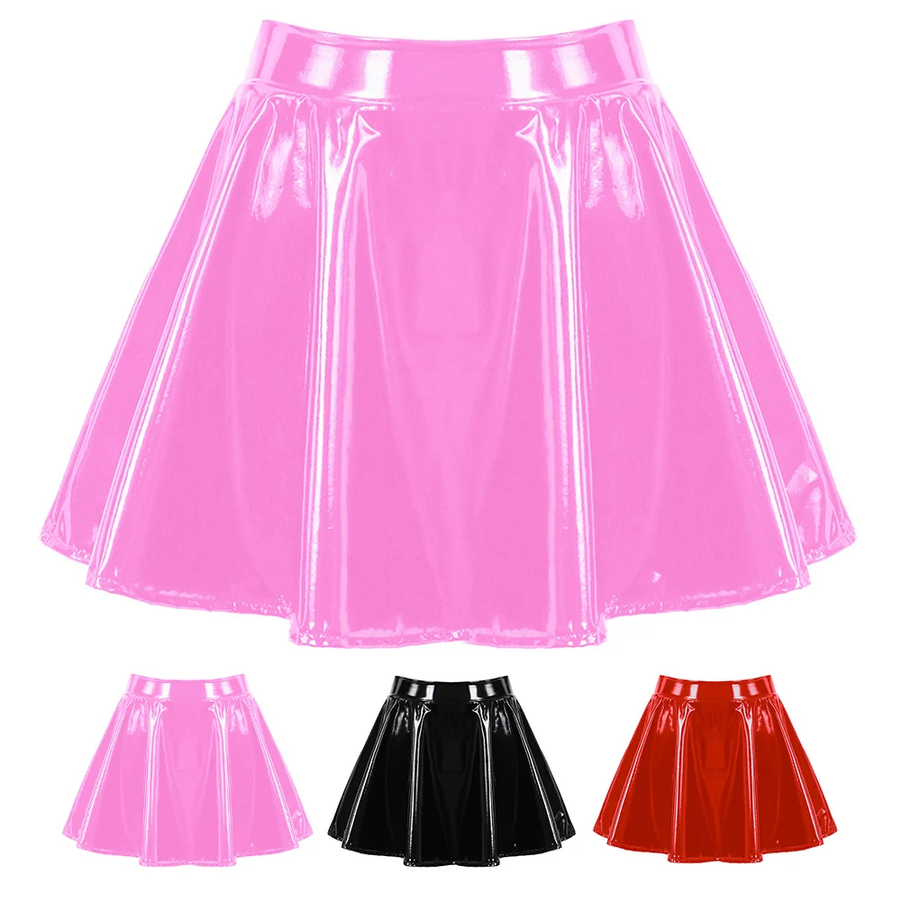 Women's Sexy Glossy short skirt Patent Leather Flared Miniskirt Dance-Performance A-Line Skirt Imitation Leather Pleated Skirt 1