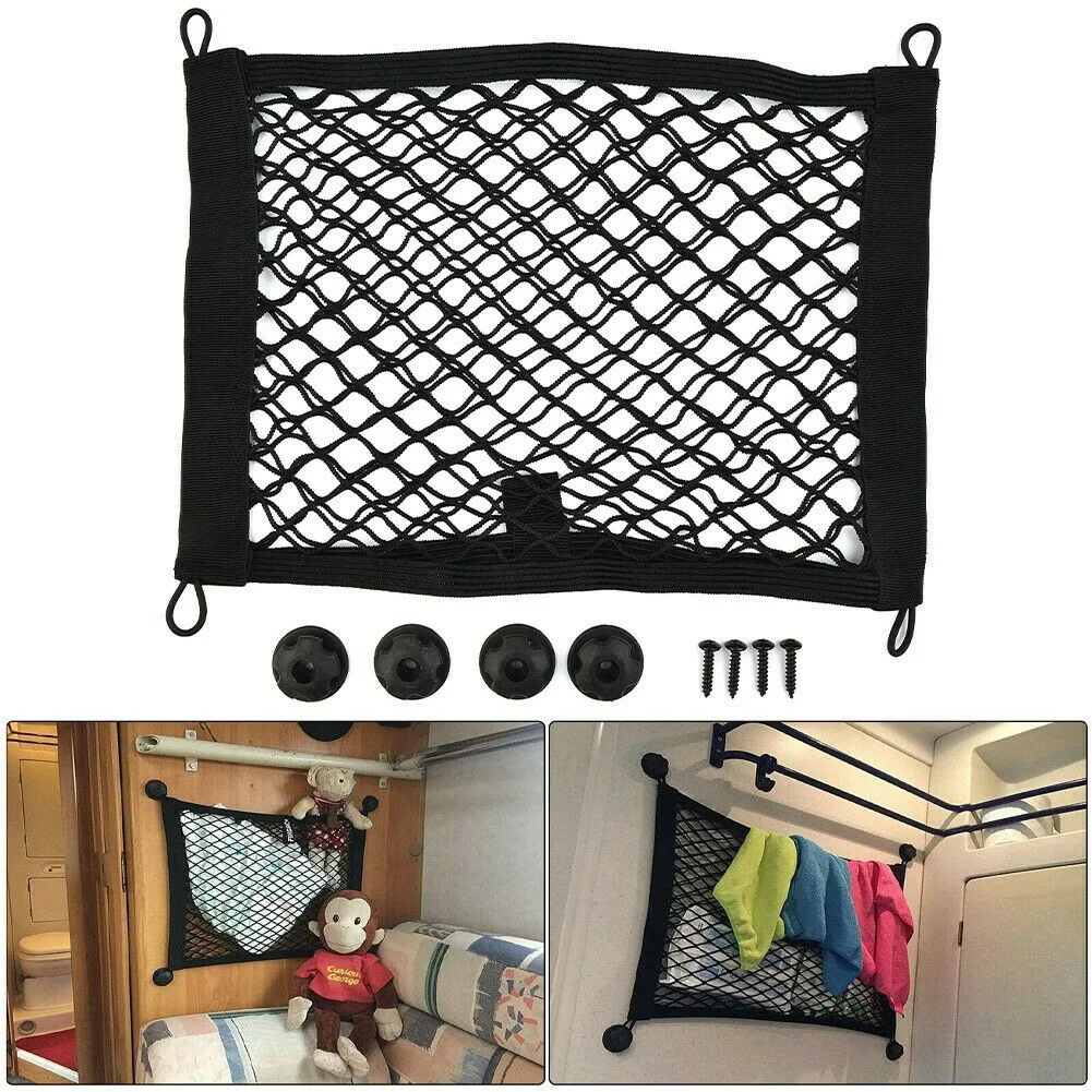 Set Di 2 Organizer Elastici Per Bagagliaio Auto 25x60 Cm + 10 Ganci Adesivi - Rete Portaoggetti Per Furgoni, Camper, Camion - Soluzioni Di Stoccaggio Anti-disordine Con Velcro