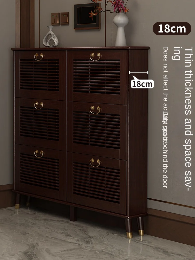

Hxl Ultra-Thin Shoe Cabinet Solid Wood New Chinese Style Tilting-Style Narrow Lobby Space-Saving