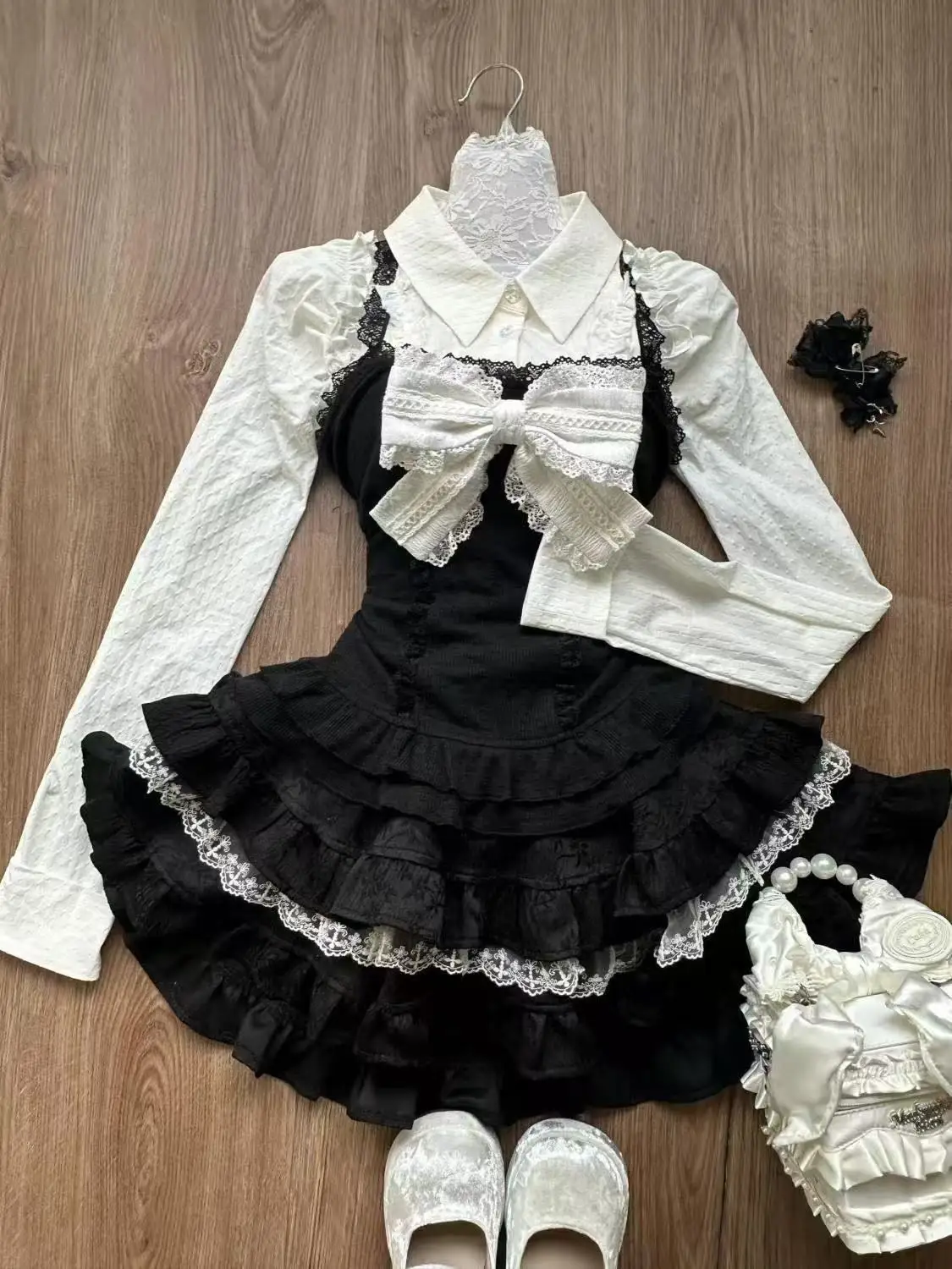 Japanese Vintage-Inspired Retro Lace Camisole Dress and Black Cardigan Set - Chic & Elegant Fashion