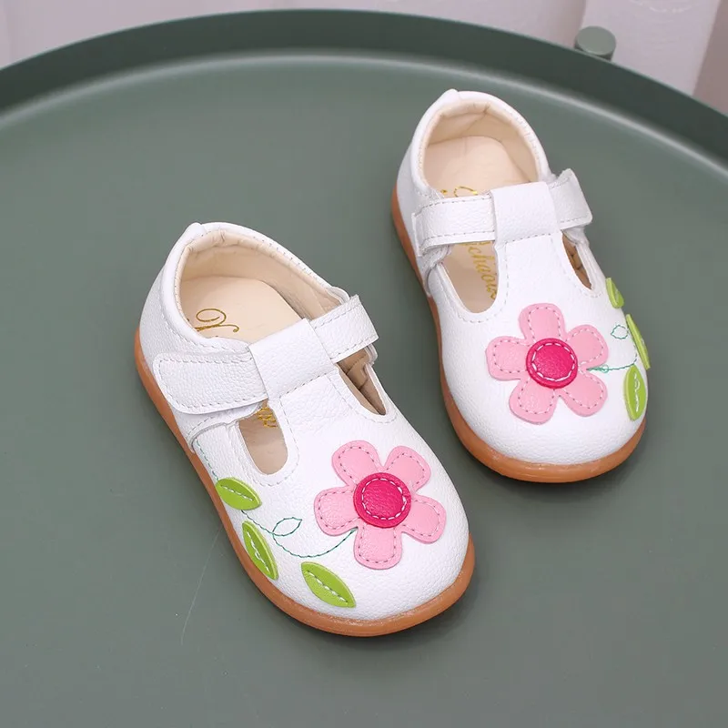 Children Leather Shoes Sweet Chic Princess Shoes for Girls Walking Causal Hollow-out Kids Fashion Flat Non-slip Hook Loop