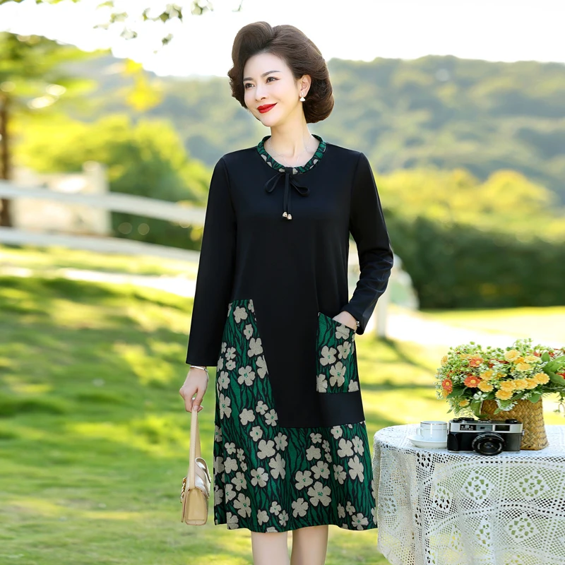 

Middle-aged And Elderly Women Long Sleeve Dress Autumn Fashion Patchwork Loose Fat Mother Wear 50-Year-Old Dresses Female