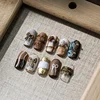 Vintage Bowknot Brown Love Heart Checkered Pattern 5D Embossed Reliefs Self Adhesive Nail Art Sticker Manicure Decals 3