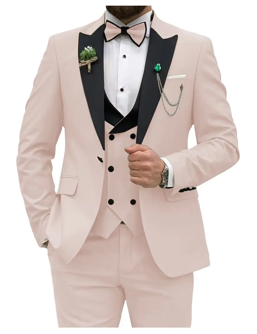 Design Men's Suit 3-Piece Spliced Peak Lapel Jacket Slim Fit Suit Casual Coat Business (Blazer+Vest+Pants) Tuxedo