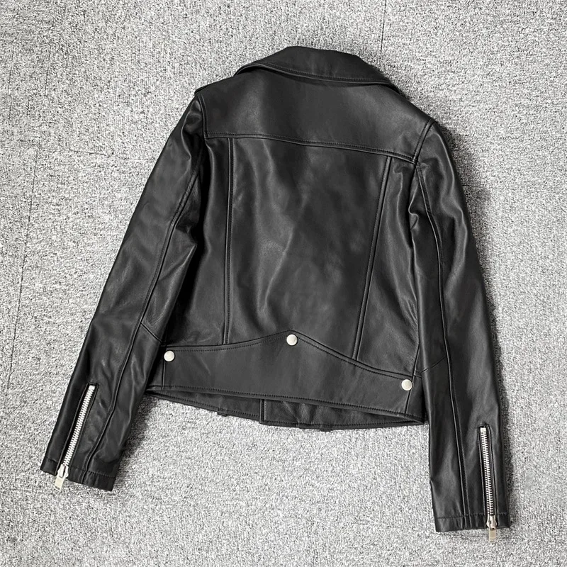 2022 Women New Trend Asymmetrical Zipper Slim Genuine Sheepskin Leather Locomotive Jacket E11