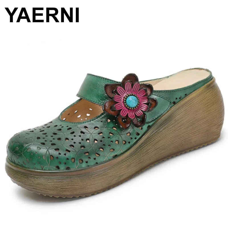 

Genuine Leather Summer 2023 New National Style Slippers Floral Outside Wedges Slides Retro Women Platform Shoes