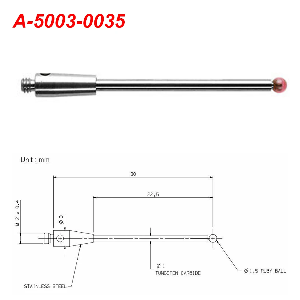 CMM Touch Probe M2 Thread 1.5mm Ball Diameter 30mm Length Tungsten