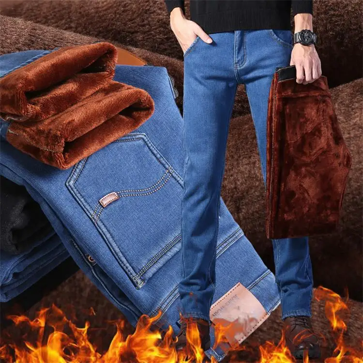 

Male Loose Stretchy Denim Straight Pants Velvet Pants Warm Jeans Casual Fleece Trousers Male Plus Size Men Clothing Winter Jeans