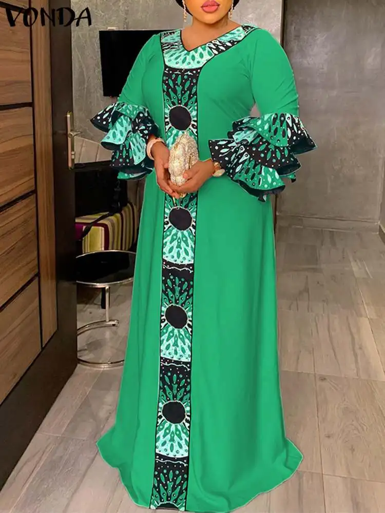 

2023 Women Dress VONDA Sexy 3/4 Sleeve V-Neck Party Sundress Casual Printed Patchwork Loose Ruffled Robe Femme