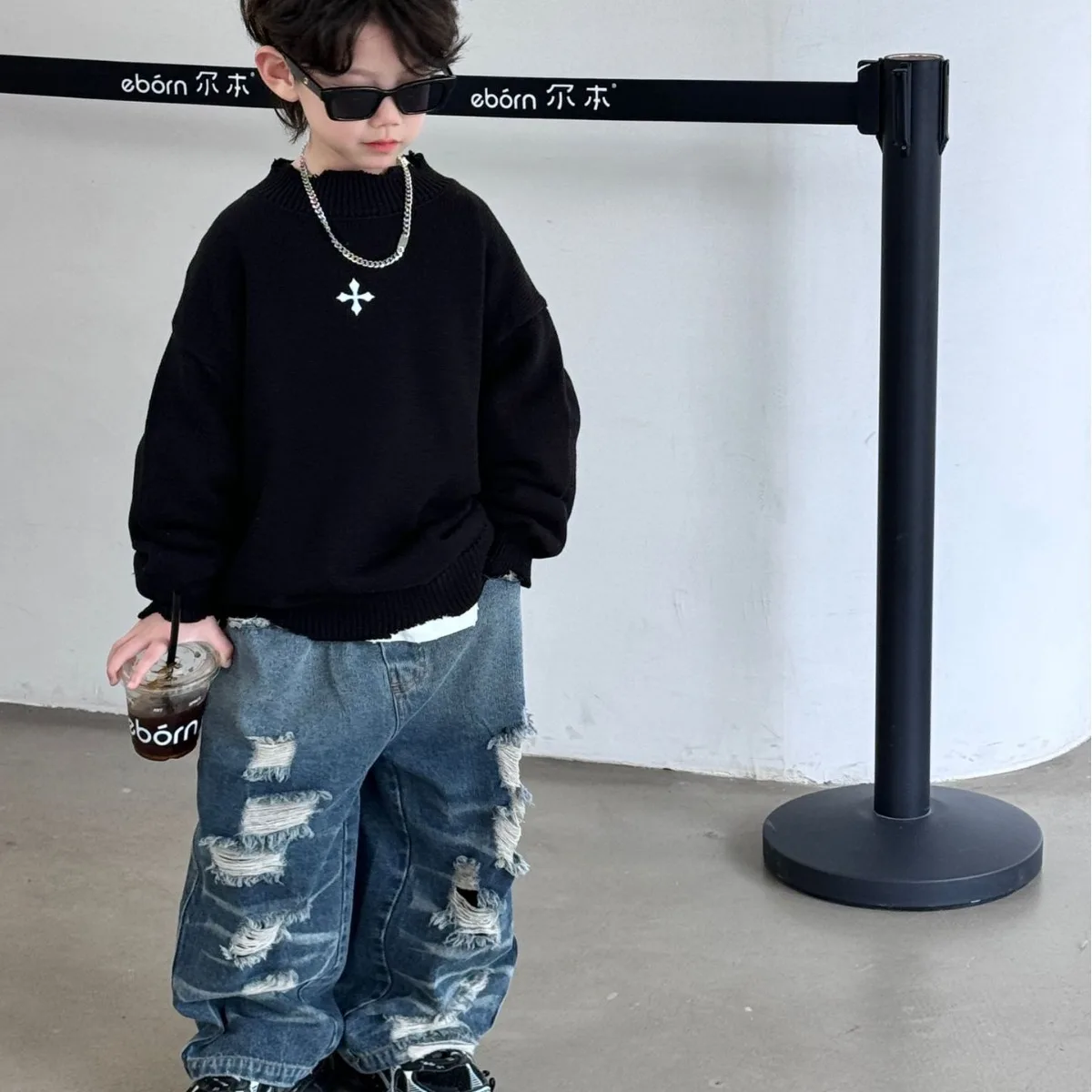 

2024 Korean Spring Autumn Children Boy Sweater Cotton Long Sleeve Knitted Toddler Boy Pullovers Solid Vintage Young Kid Boy Tops
