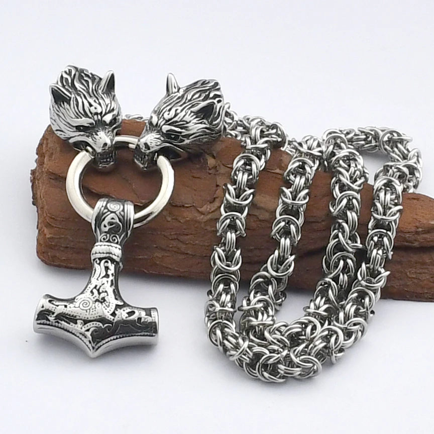 

Norse Men Stainless Steel Wolf Head Viking Amulet Thor Hammer Pendant Necklace Handmade Chain Viking Rune Jewelry