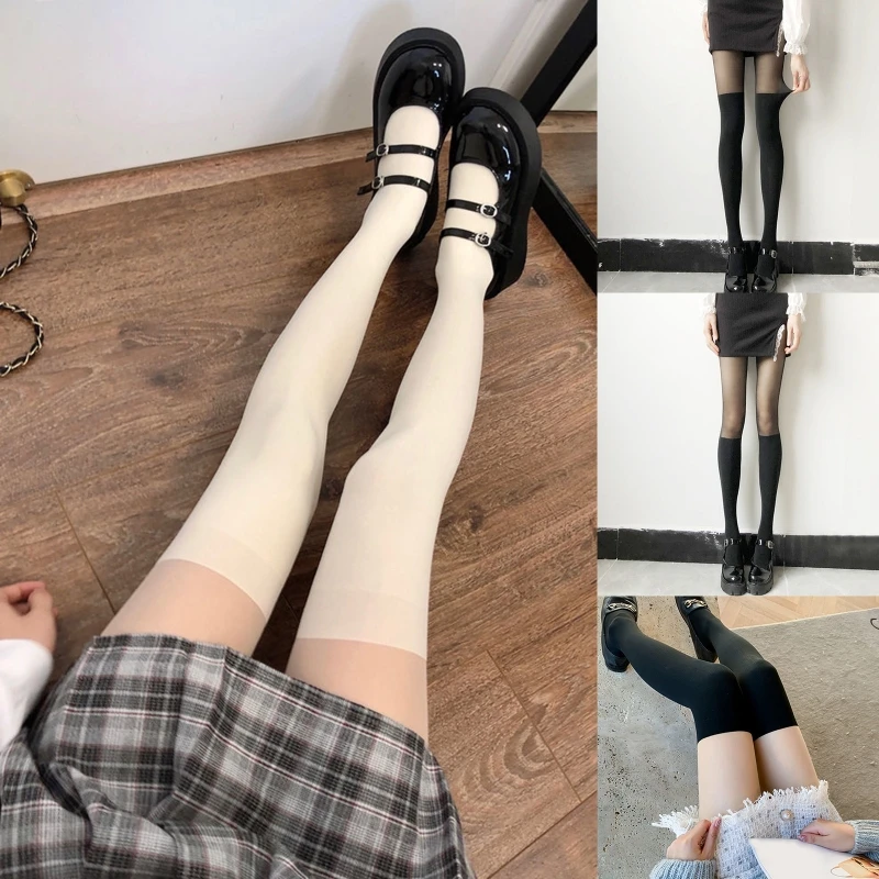 

Women Sexy Stitching Pantyhose Temptation Suspender Patchwork Jacquard Sheer Tights Fake Thigh High Stockings