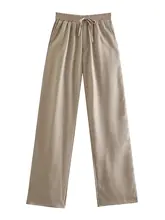  TRAF Women Chic Fashion Side Pockets Loose Wide Leg Pants Vintage High Elastic Waist Drawstring Female Trousers Mujer 