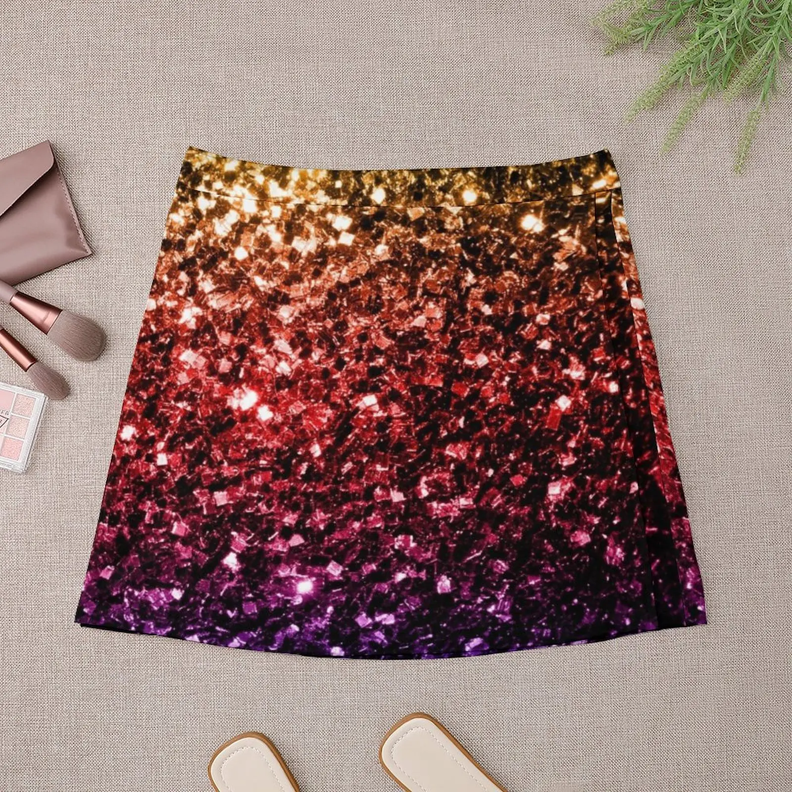 Rainbow yellow red purple faux sparkles Mini Skirt korean style women's clothing trend 2024