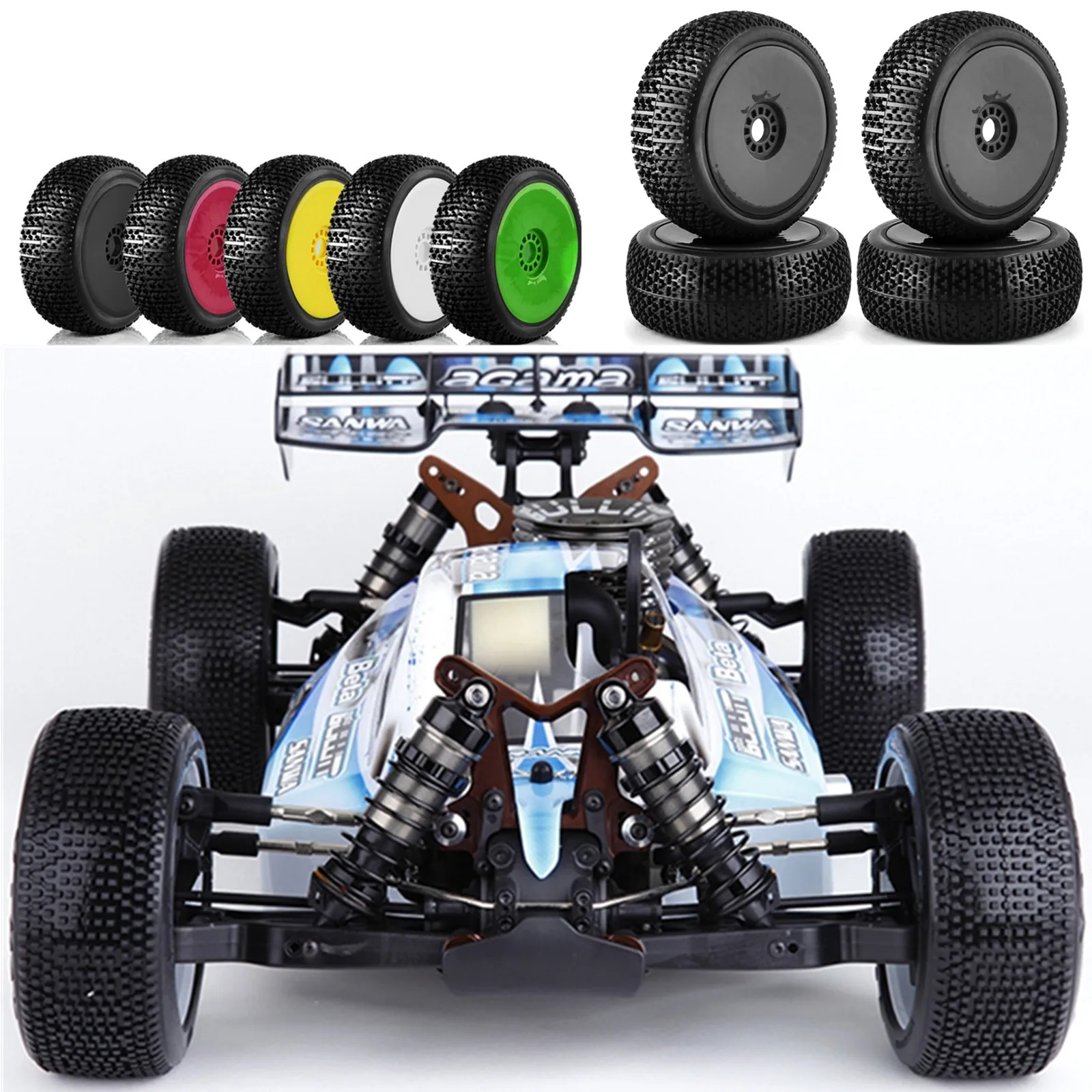 Pneus de buggy RC 1/8 tout-terrain avec moyeux hexagonaux 17mm, vus de face.