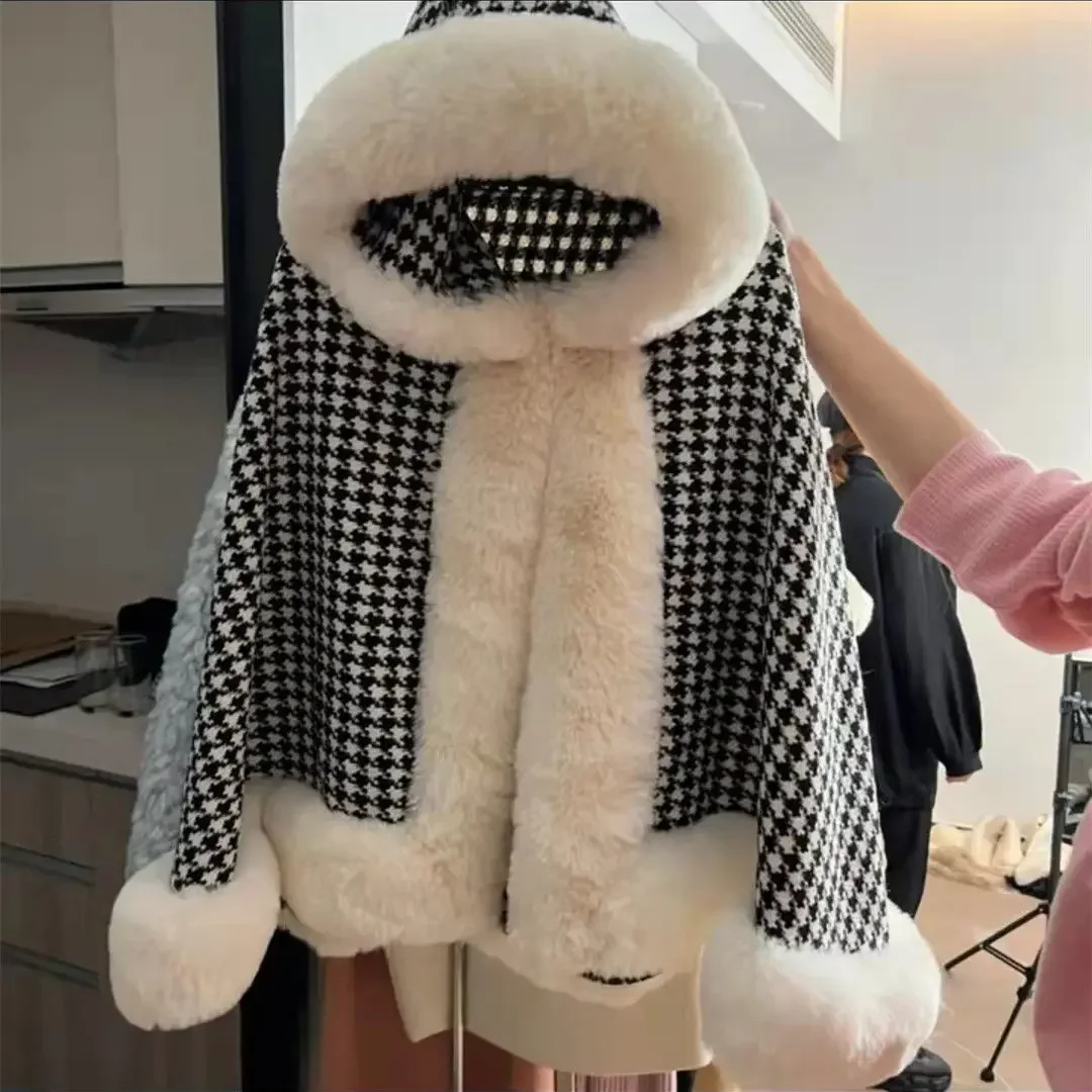 

Роскошные женские накидки из искусственного меха норки с капюшоном, куртка, свободное пончо из твида, пушистая накидка, шаль, свитер, кардиган с рукавом летучая мышь