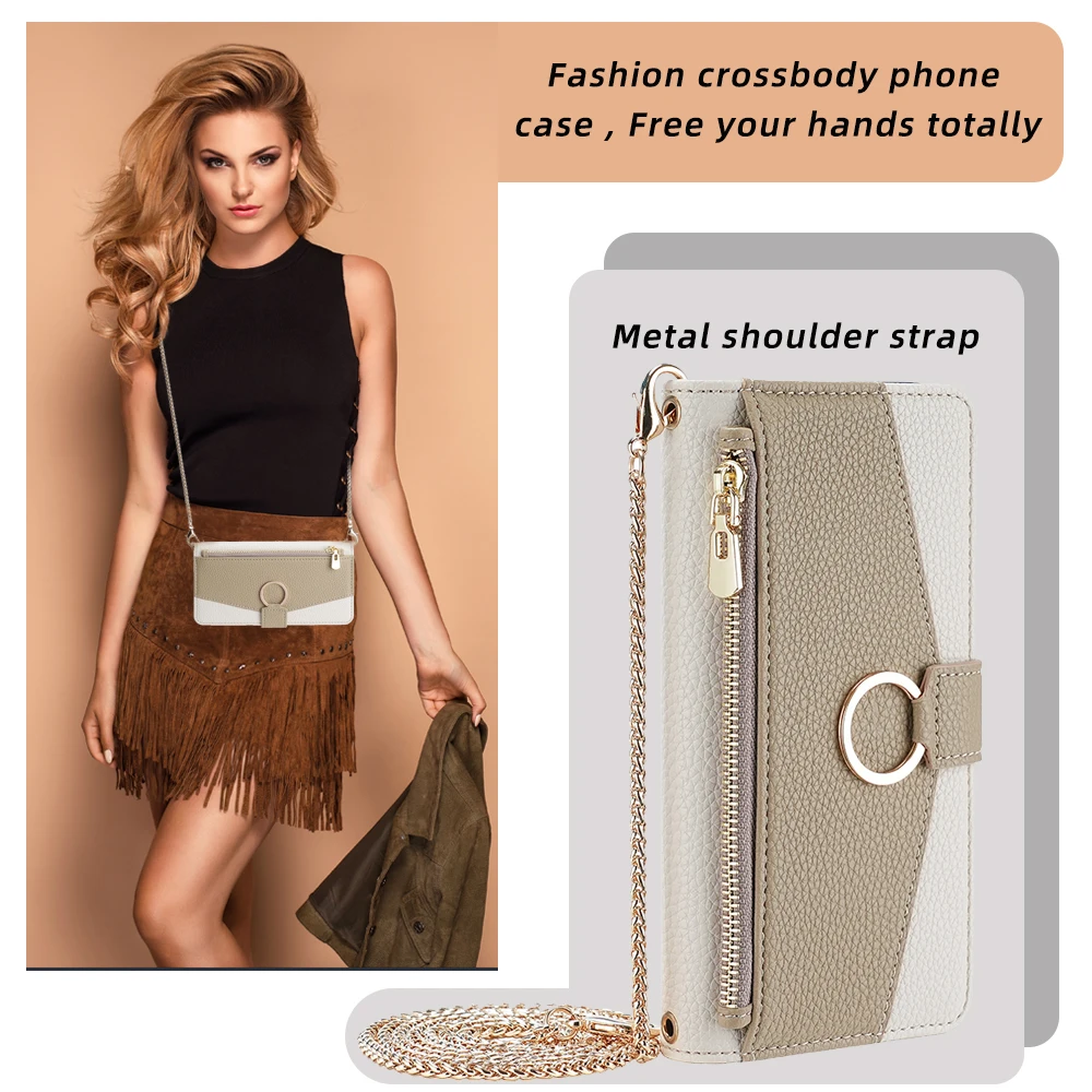 Luxury Leather Wallet Flip Case with Shoulder Strap