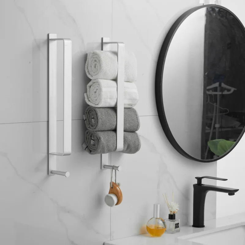 Wall mounted towel bar non perforated vertical towel rack black space aluminum guest bathroom rack with hook storage rack,towel rack,bathroom shelf,bathroom storage shelf,storage shelf,bathroom accessories