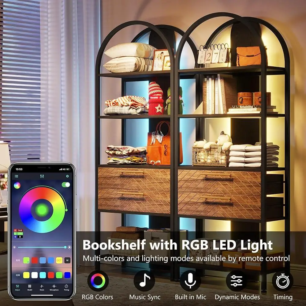 4-Tier Bookshelf with LED Light and Drawers Rustic Open Storage Shelf Display Rack Home Office Study 4