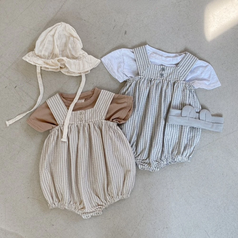 

5913B Newborn Clothes 2023 Summer New Baby Striped One Piece Clothes Two-button Sling Bag Fart Clothes
