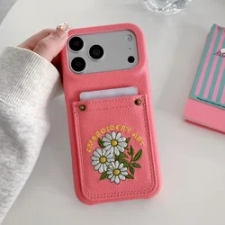 PU Leather Phone Case with Card Pocket and Embroidery - Simple Half - Wrapped Shockproof Design - iPhone 15 Pro Max (BRIGHT PINK)