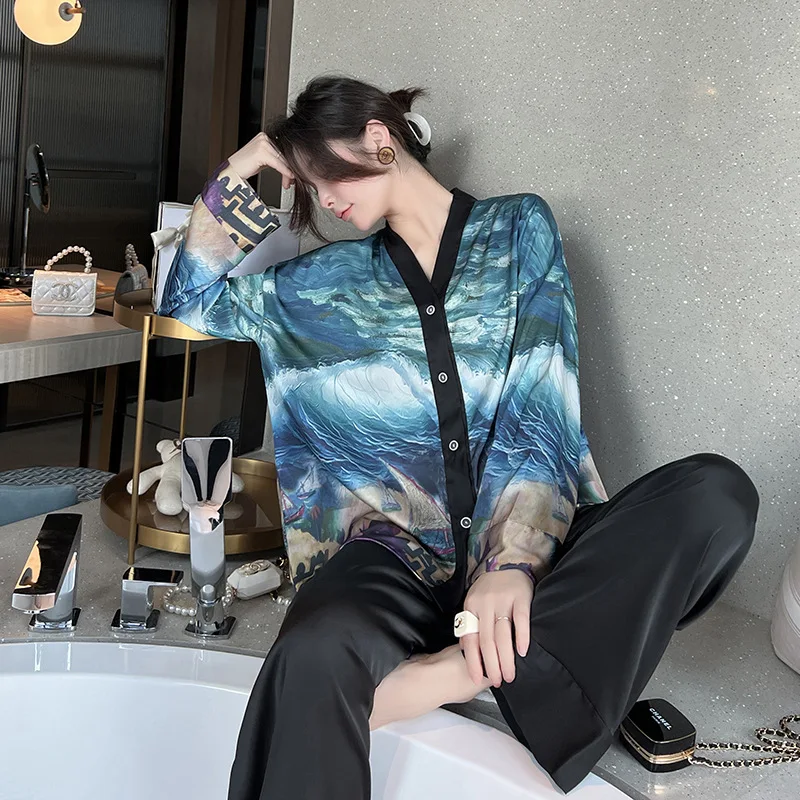 Women Pajamas Set Luxury Style Painting Print Satin Silky V Neck Nightie Home Suit