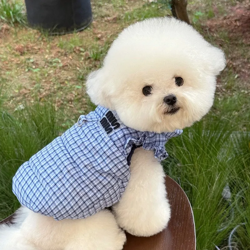파란색 체크무늬 강아지 옷 테디 겨울용 두꺼운 면 코트 요크셔 따뜻한 날씨용 아우터웨어 (트랙션 버클 포함)