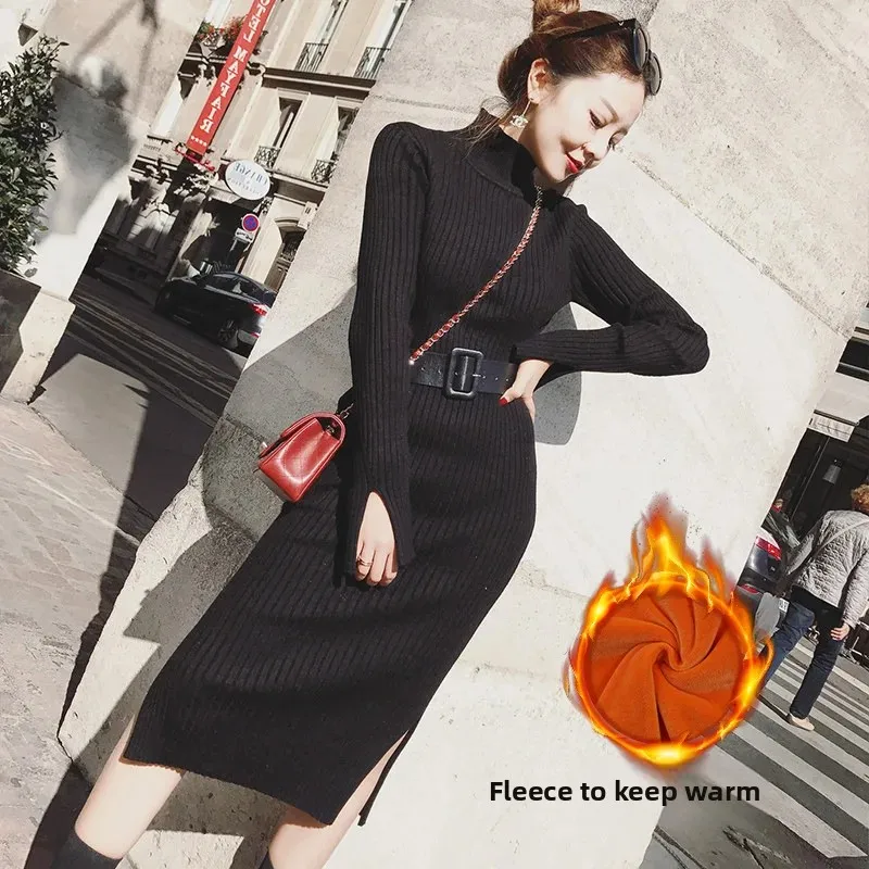 فستان نسائي طويل محبوك للخريف والشتاء بقلنسوة مبطن...