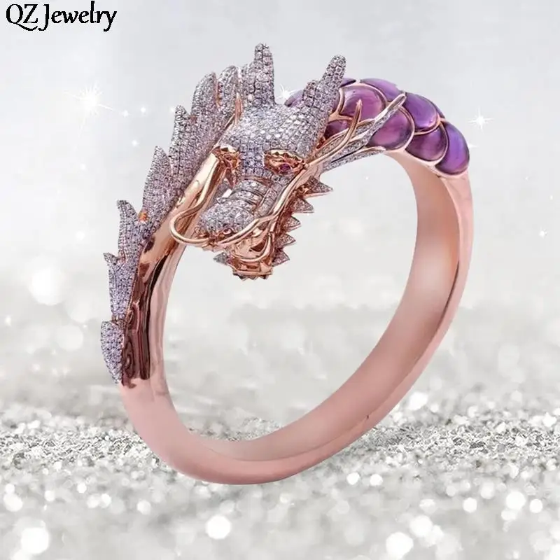 Vintage Luxury Purple Dragon Crystal Rings Rose Gold Fashion Punk Dragon Head Ring For Women Ladies Wedding Engagement Ring Gift