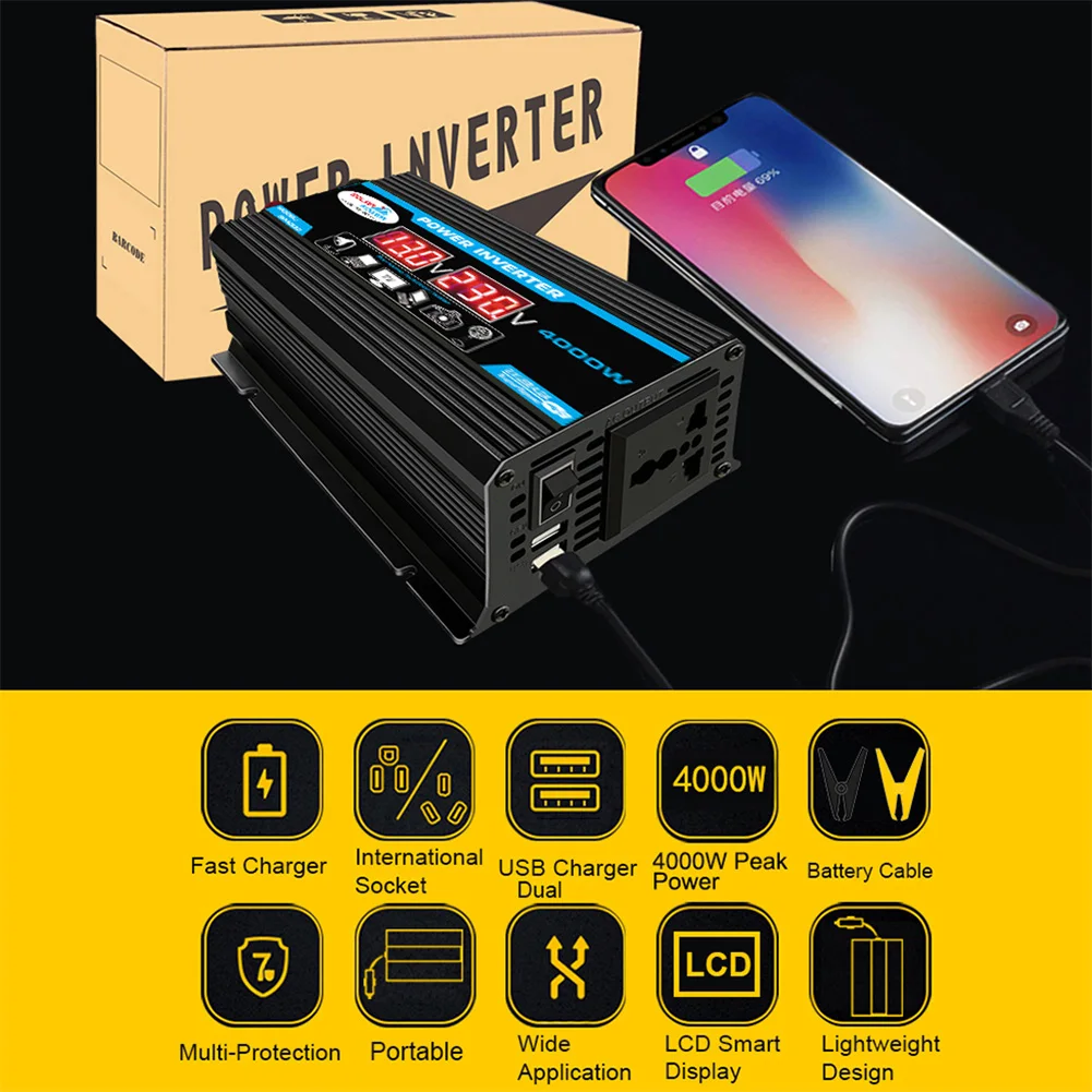4000W 순수 정현파 차량용 파워 인버터 DC 12V to AC 220V 110V 전압 변환기 듀얼 USB 전원 소켓 컨버터 (자동차/가정용)