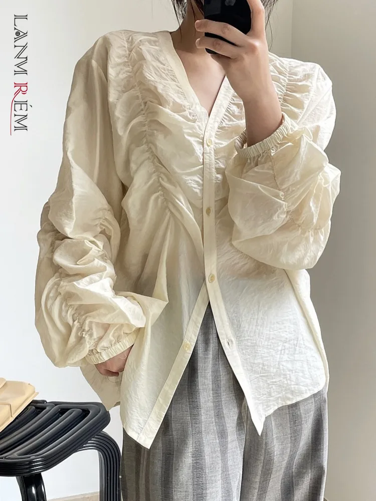 [LANMREM] Designer Pleated Chiffon Shirts For Women V Neck Single Breasted Long Sleeve Loose Blouses 2024 Summer New 26D8722