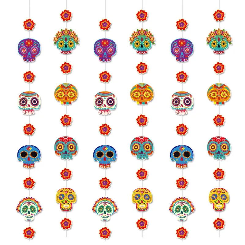 1Meter 6Pcs Colourful Skull Hanging Paper Garlands Banners Backdrops for Mexican Day of The Dead Party Decorations Supplies