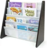 Wood/White - Premium Book Shelf for Kids Rooms with Four Deep Pockets - Toddler Sling Book Rack with Deep Sleeves 4