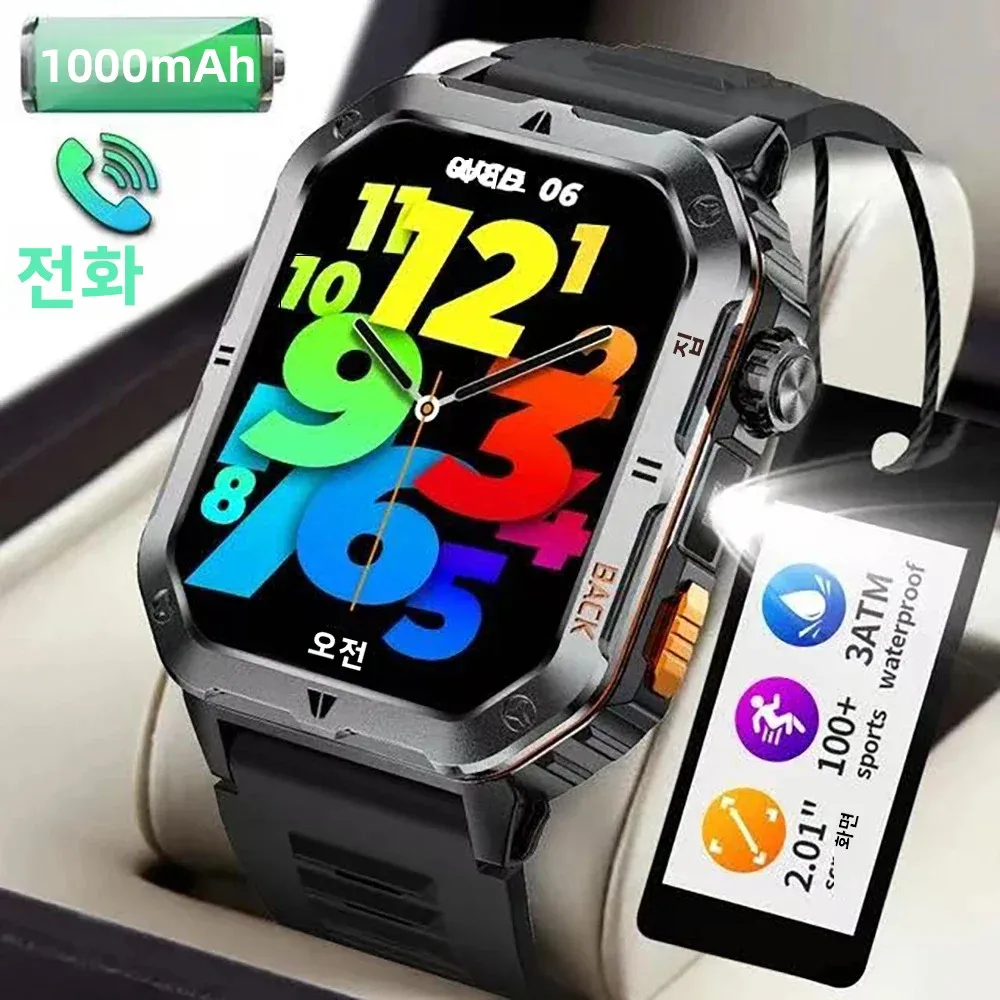 남성용 1000mAh 스마트워치 3ATM 방수 LED 라이트 BT 통화 스마트워치 피트니스 스포츠 시계 여성용 안드로이드 2026
