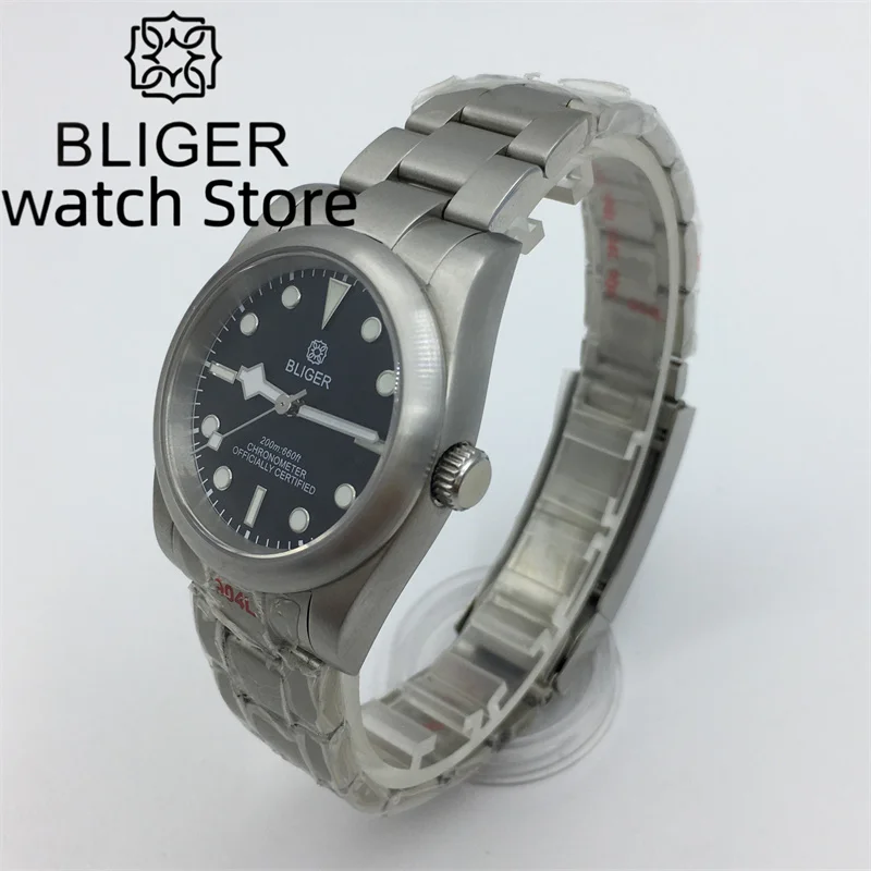 Bliger36mm 39mm black luminous dial brushed round bezel automatic men\'s watch NH35PT5000 Movement Sapphire Glass Oyster bracelet