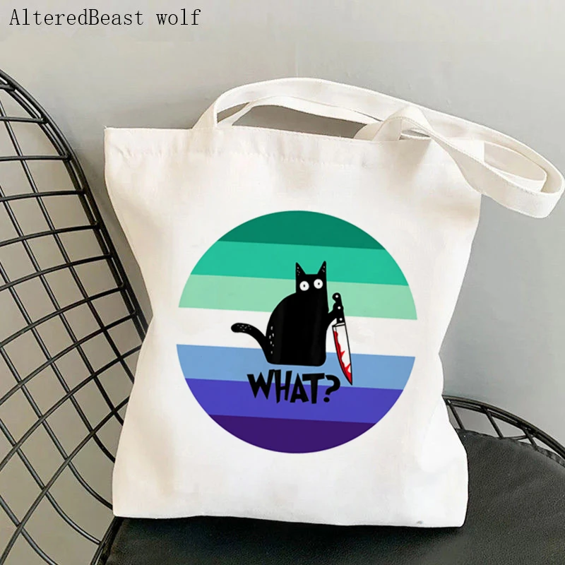 Women Shopper bag Agender halloween cat knife Bag Harajuku Shopping Canvas Shopper Bag girl handbag Tote Shoulder Lady Bag