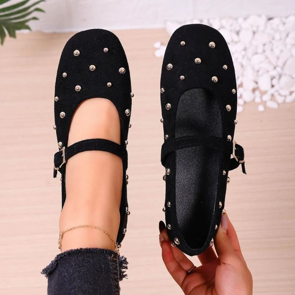 2025 Autumn Mary Jane Shoes for Women Fashion Rivet Suede Classic Retro Brown Casual Soft Bottom Comfortable Ladies Flats